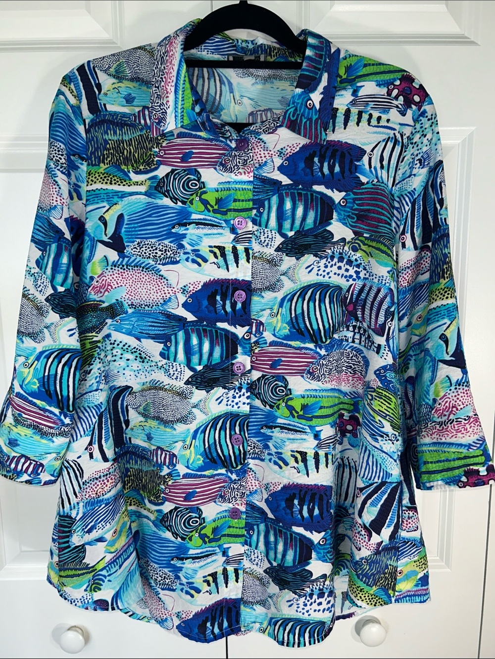 Shana Women’s Printed Fish-Pattern Button-Up Blouse - Blue Multi - Picture 2 of 8